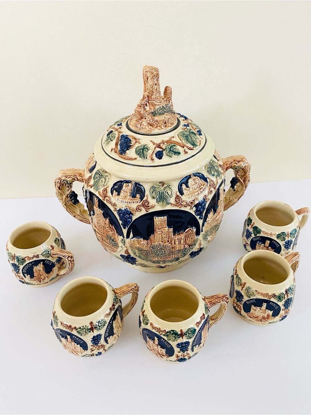 Vintage GERZ German Castle Tureen Punch 
Soup Bowl 5 Individual Mugs Octoberfest